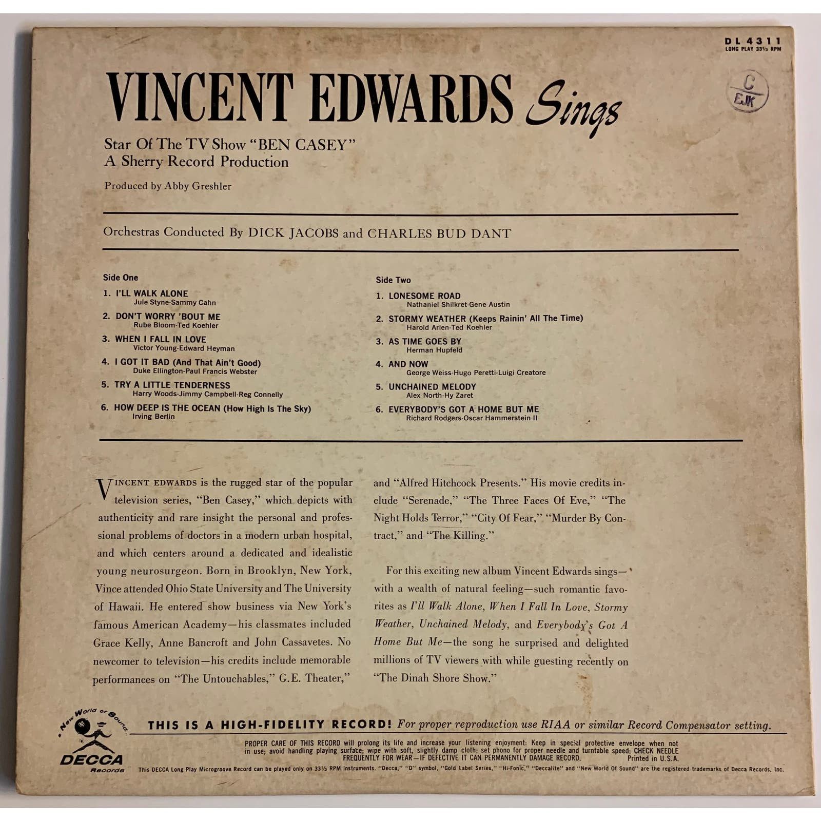 Vinyl Factory Vincent Edwards Sings Ben Casey 1962 DECCA DL 4311 Vinyl LP Size ONE SIZE - 2 Preview