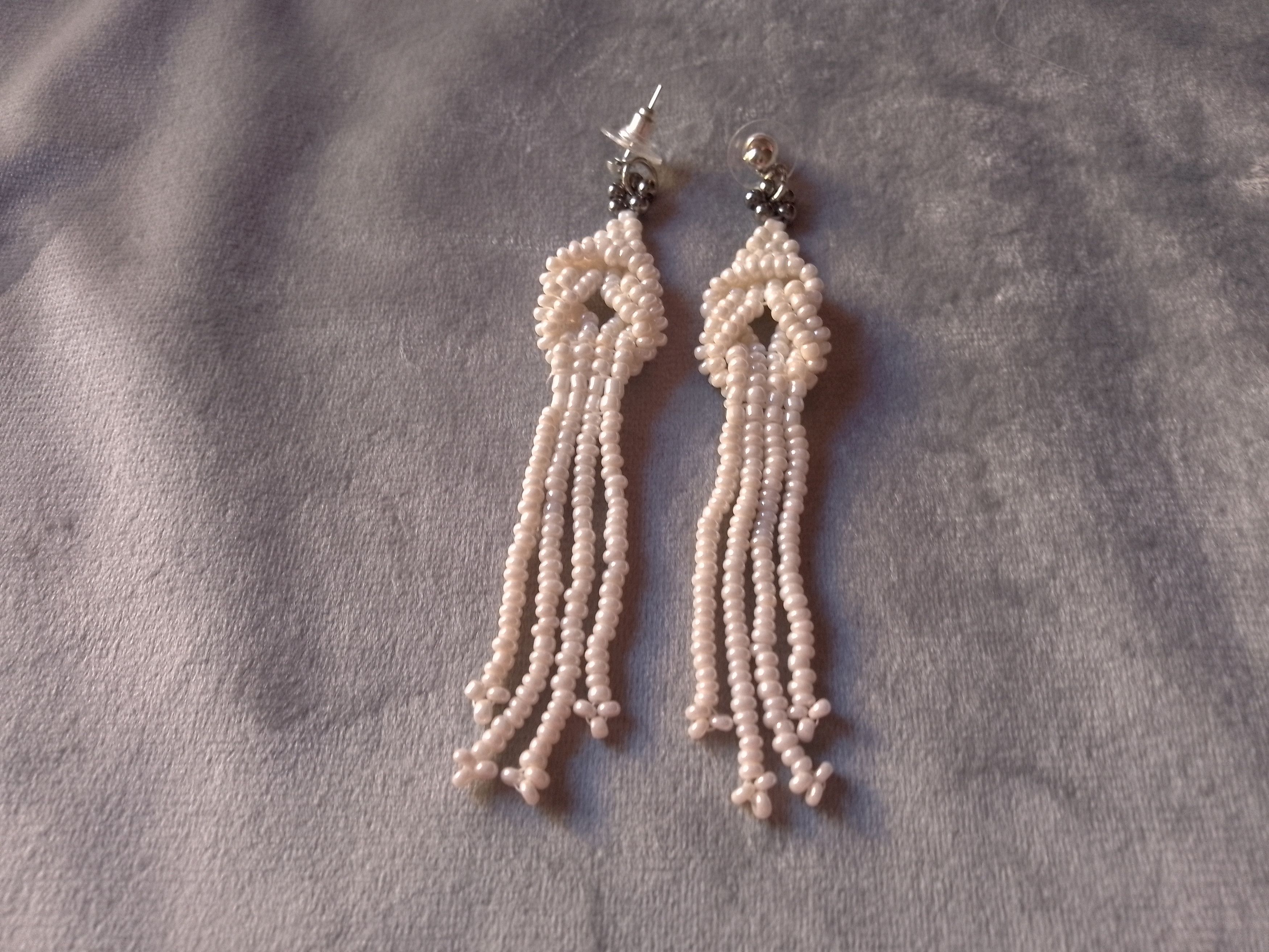 Handmade Earrings Long Ivory Bangs Glass Knotted Elegant Size ONE SIZE - 3 Thumbnail