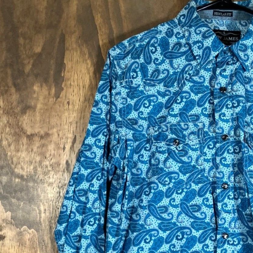 Cody James Cody James Mens Shirt Blue Paisley Regular Fit Pearl Snap Western Long Sleeve S Size US S / EU 44-46 / 1 - 4 Thumbnail
