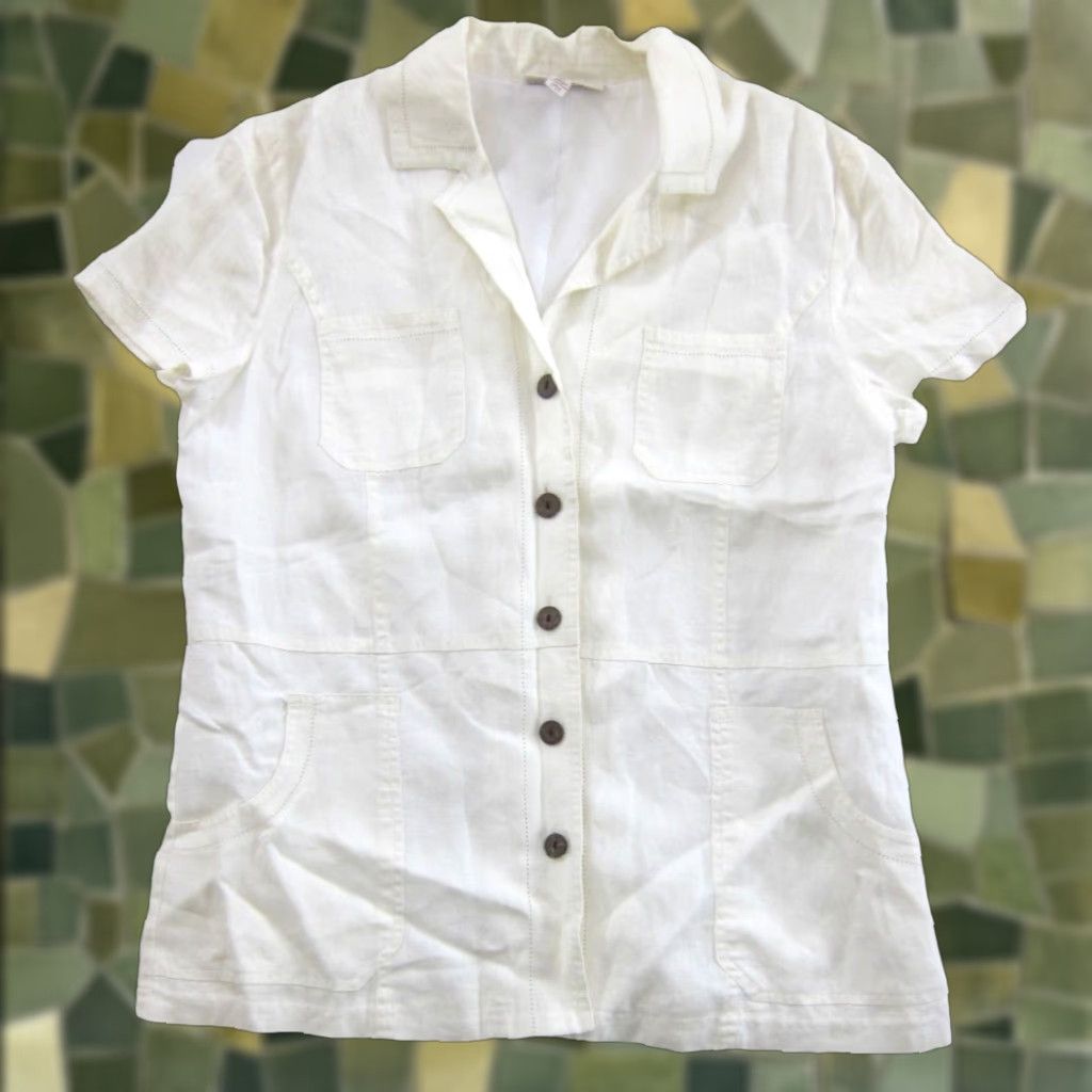 JM Collection JM Collection Ivory 100% Linen Short Sleeve Collared V-Neck Button Down Blouse 14 Size XL / US 12-14 / IT 48-50 - 1 Thumbnail