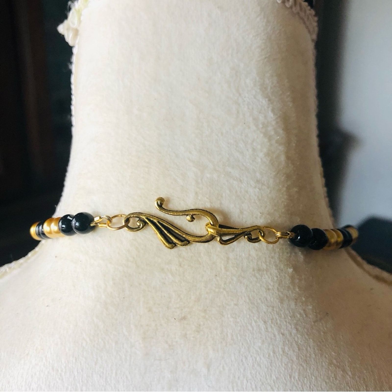 Handmade Handcrafted repurpose black and gold tie Pearl necklace Size ONE SIZE - 7 Thumbnail