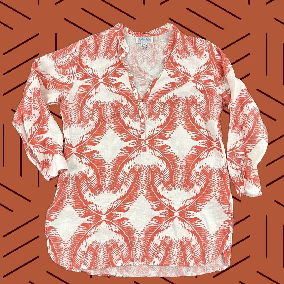 Vintage CHARLOTTE KELLOGG Shirt Womens Medium Linen White Orangish Red Floral Tunic Top Size M / US 6-8 / IT 42-44 - 1 Thumbnail