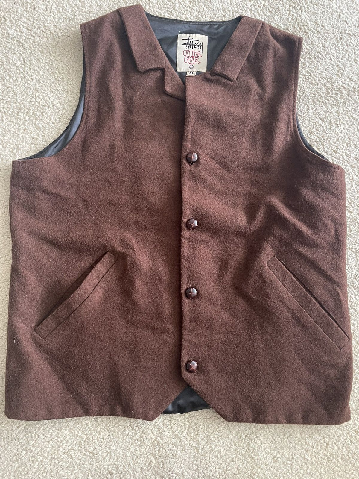 Stussy × Vintage Y-2K Vintage Stussy Outer Gear Wool Button-Up Vest Brown Size US L / EU 52-54 / 3 - 1 Thumbnail