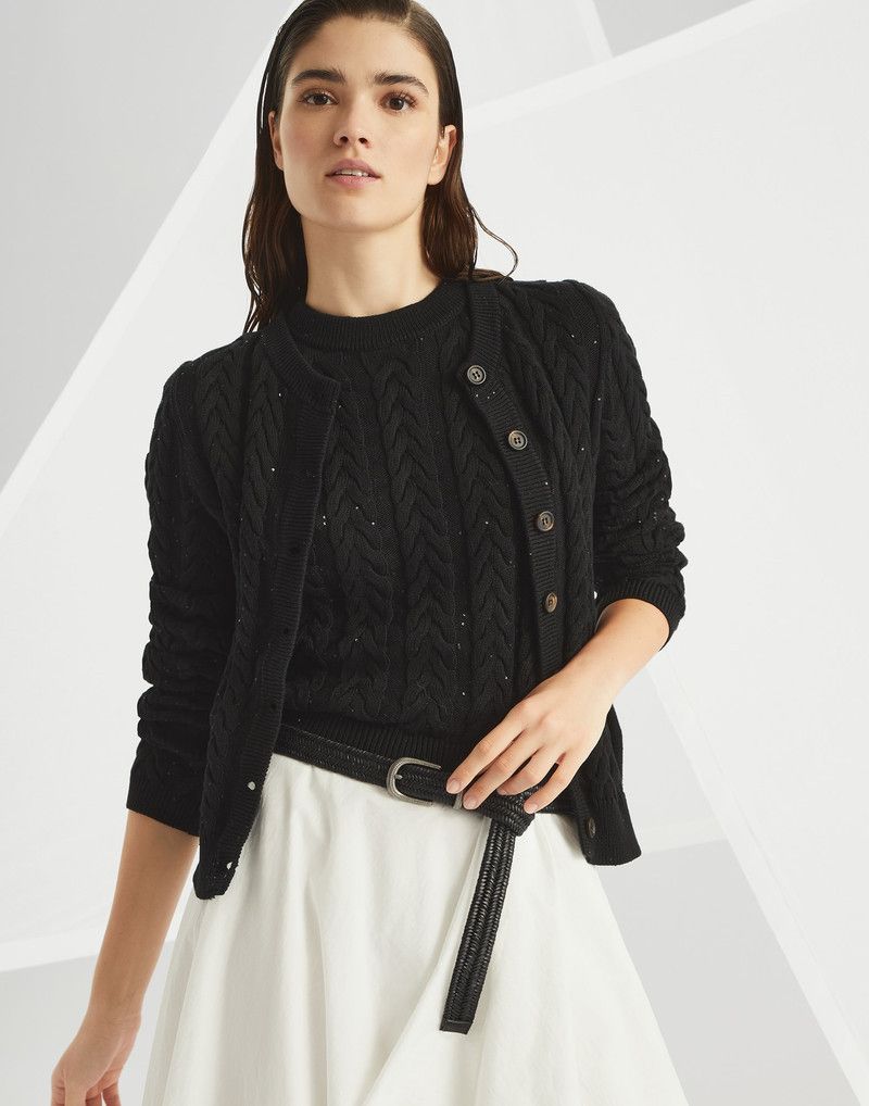 Brunello Cucinelli o1la1rc1a0326 Dazzling Double Cable Cardigan in Black Size M / US 6-8 / IT 42-44 - 4 Thumbnail