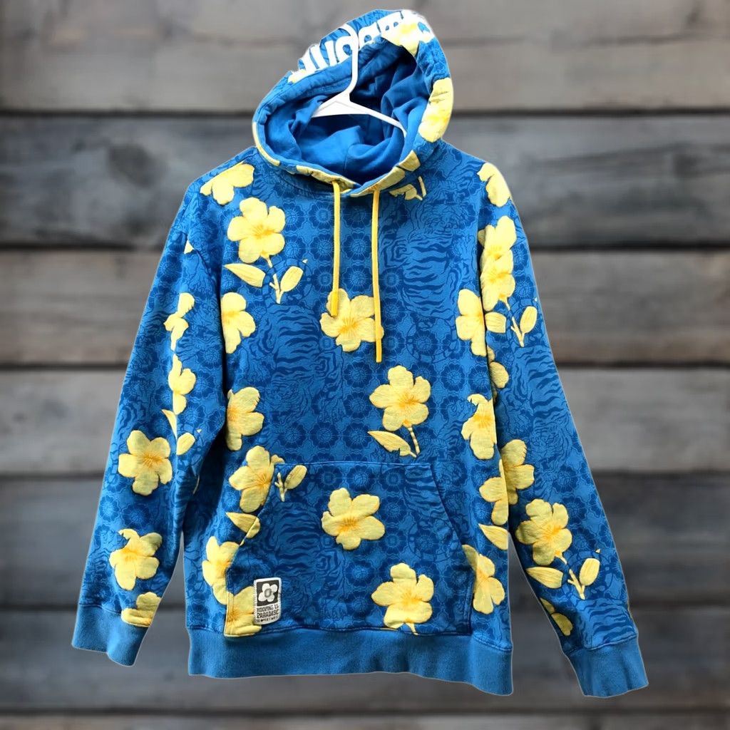 Vintage Overtime Hoodie Mens M Blue Yellow Floral Hawaiian Tropical Tiger Graphic Size US M / EU 48-50 / 2 - 1 Thumbnail
