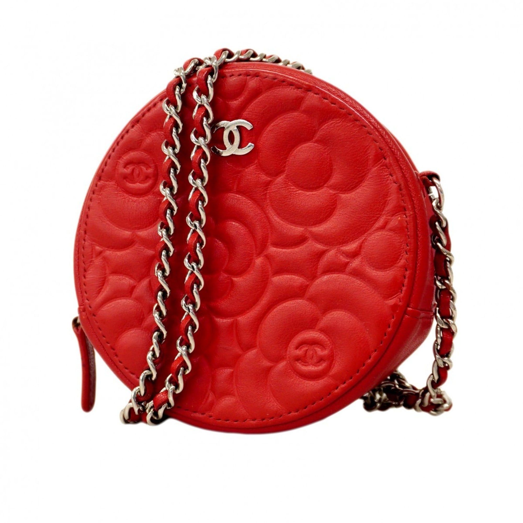 Chanel Camellia Chain Shoulder Bag Lambskin Red Women's