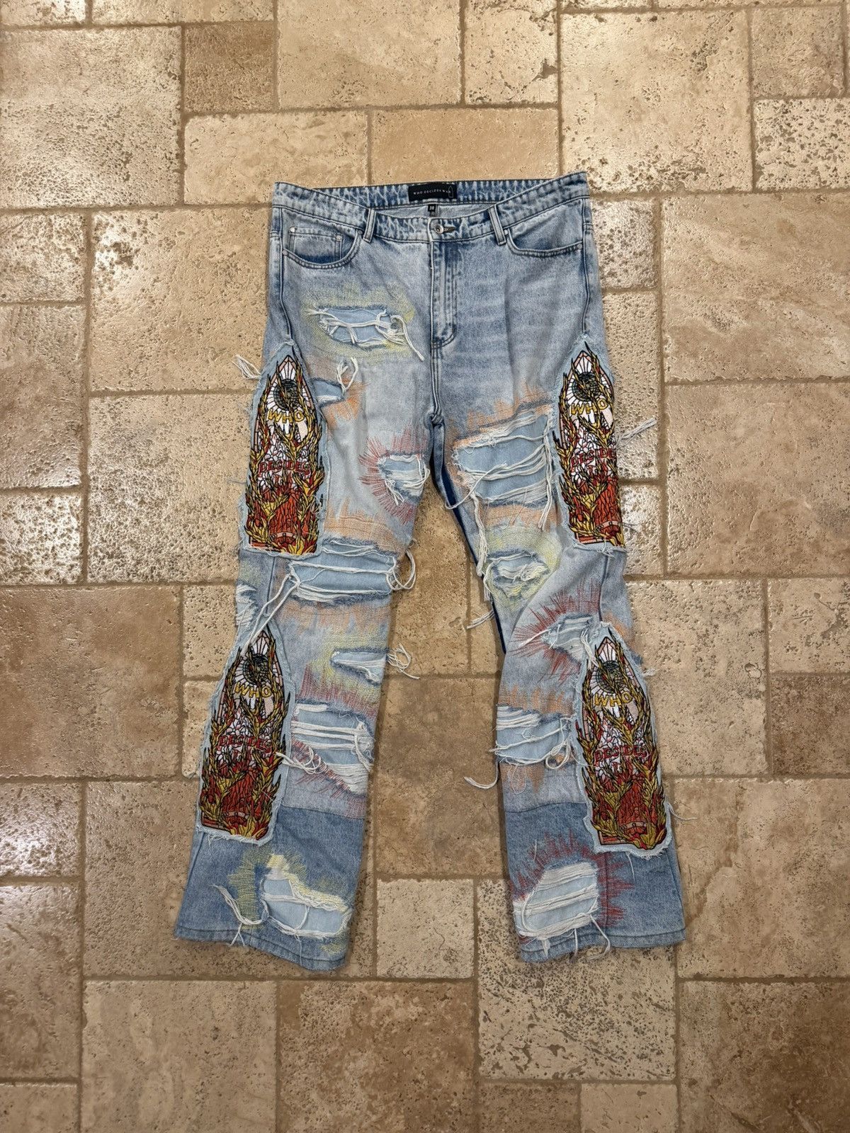 Who Decides War Who Decides War WDW Barrage Sky Indigo Patch Denim Jeans Size US 38 / EU 54 - 1 Thumbnail
