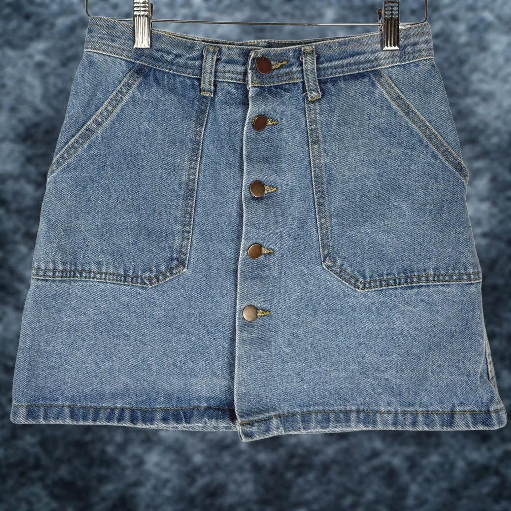 Denime Blue Denim Button Front Mini Skirt Size S Patch Pockets Retro 70s Indie Wash Size 28" / US 6 / IT 42 - 1 Thumbnail