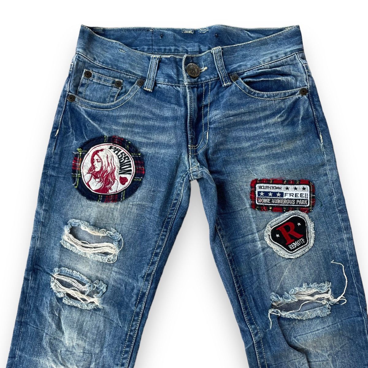 Beauty Beast 🇯🇵 SKY BOMBER PATCHWORK DISTRESSED WASHED DENIM PANTS Size 30" / US 8 / IT 44 - 5 Thumbnail