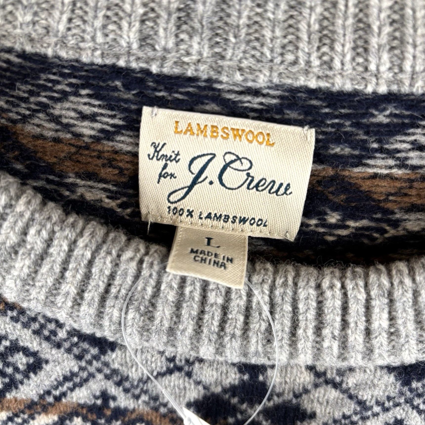 J.Crew J.CREW Sweater Mens Large 100% Lambswool Gray Navy Fair Isle Pullover Knit Crew Neck, Regular Fit, New w/Tags, Vintage: No, Wool/Cotton? Size US L / EU 52-54 / 3 - 4 Thumbnail
