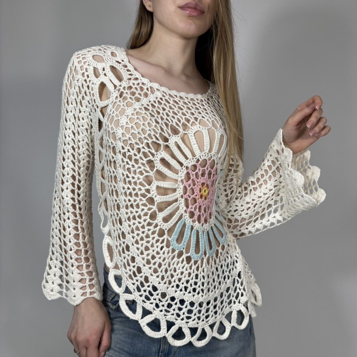 Vintage Vintage Y2K Mesh Knitted Sweater Japanese Flower Style Size M / US 6-8 / IT 42-44 - 1 Thumbnail