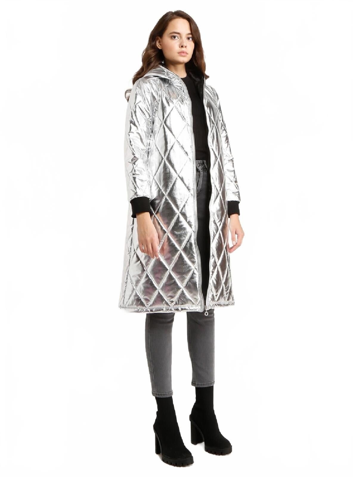 Unknown London Metallic Quilted Long Puffer Coat with Hood, Size 8 Size M / US 6-8 / IT 42-44 - 5 Thumbnail