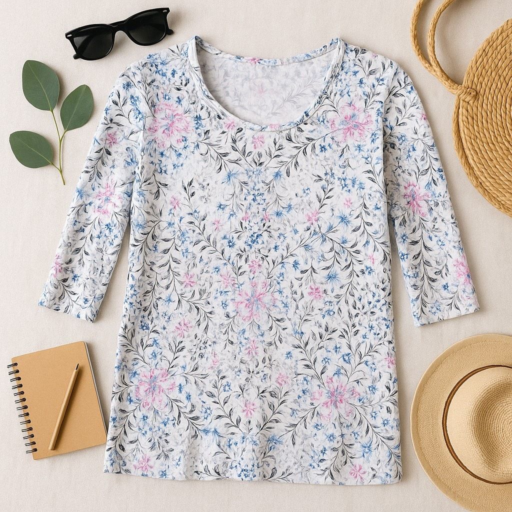 Other J Jill Floral Scoop Neck 3/4 Sleeve Tee White Womens XS Size XS / US 0-2 / IT 36-38 - 1 Thumbnail