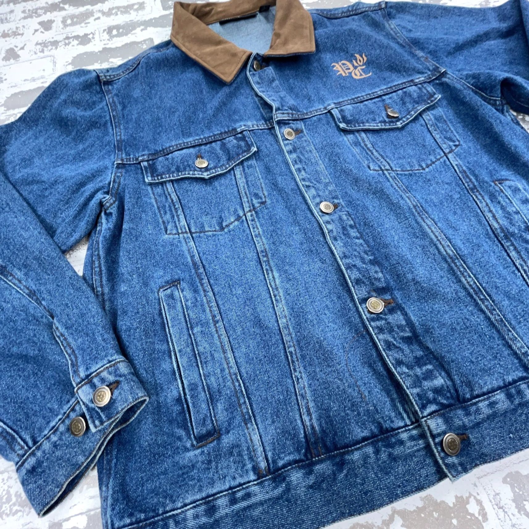 Dunbrooke VINTAGE Dunbrooke Denim Jacket Men L Blue Jean Biker Trucker Leather Collar Jeans Jacket Capable Collared Pockets 90s USA Mens Size US 33 - 4 Thumbnail