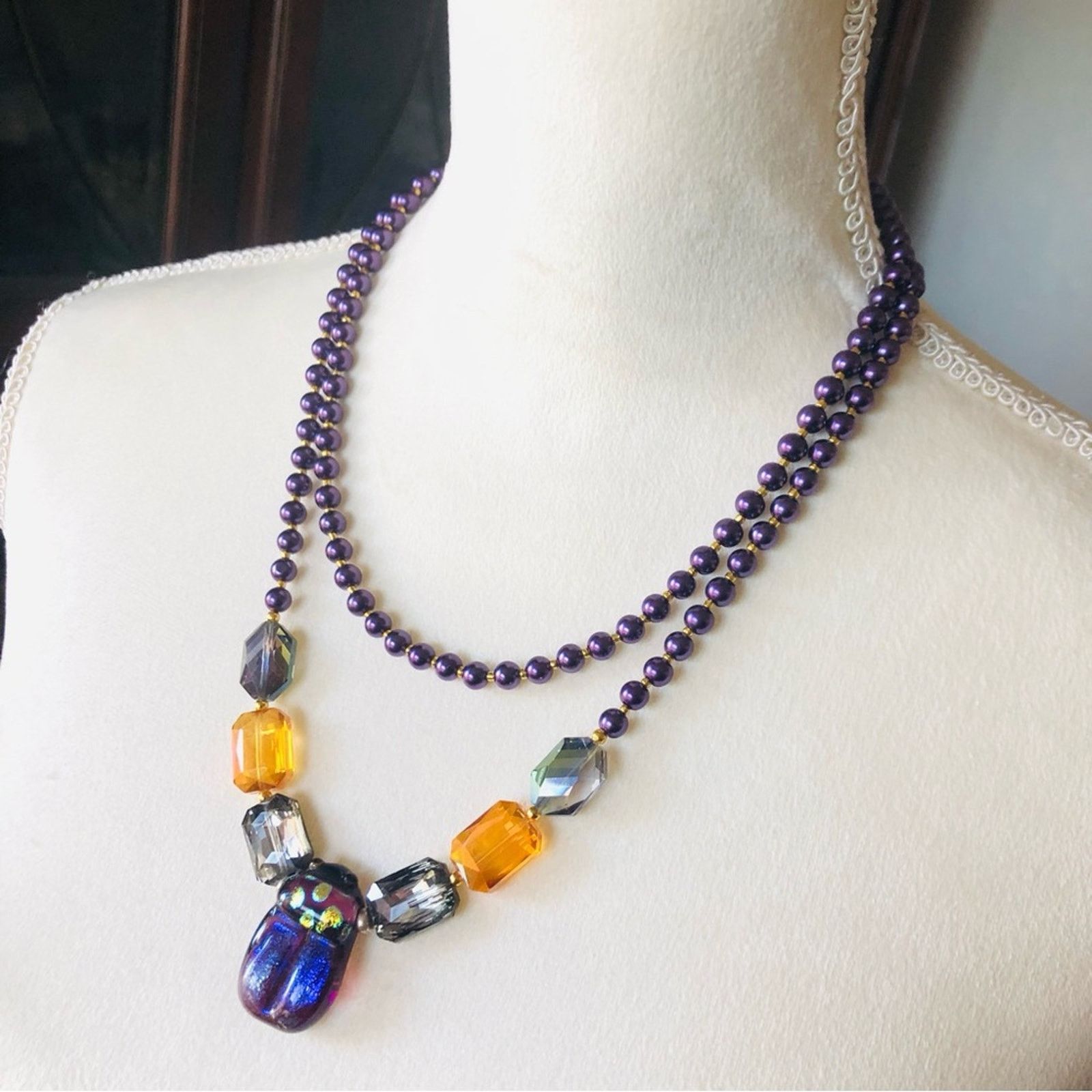Handmade Handcrafted double strand Pearl scarab pendant necklace Size ONE SIZE - 1 Thumbnail
