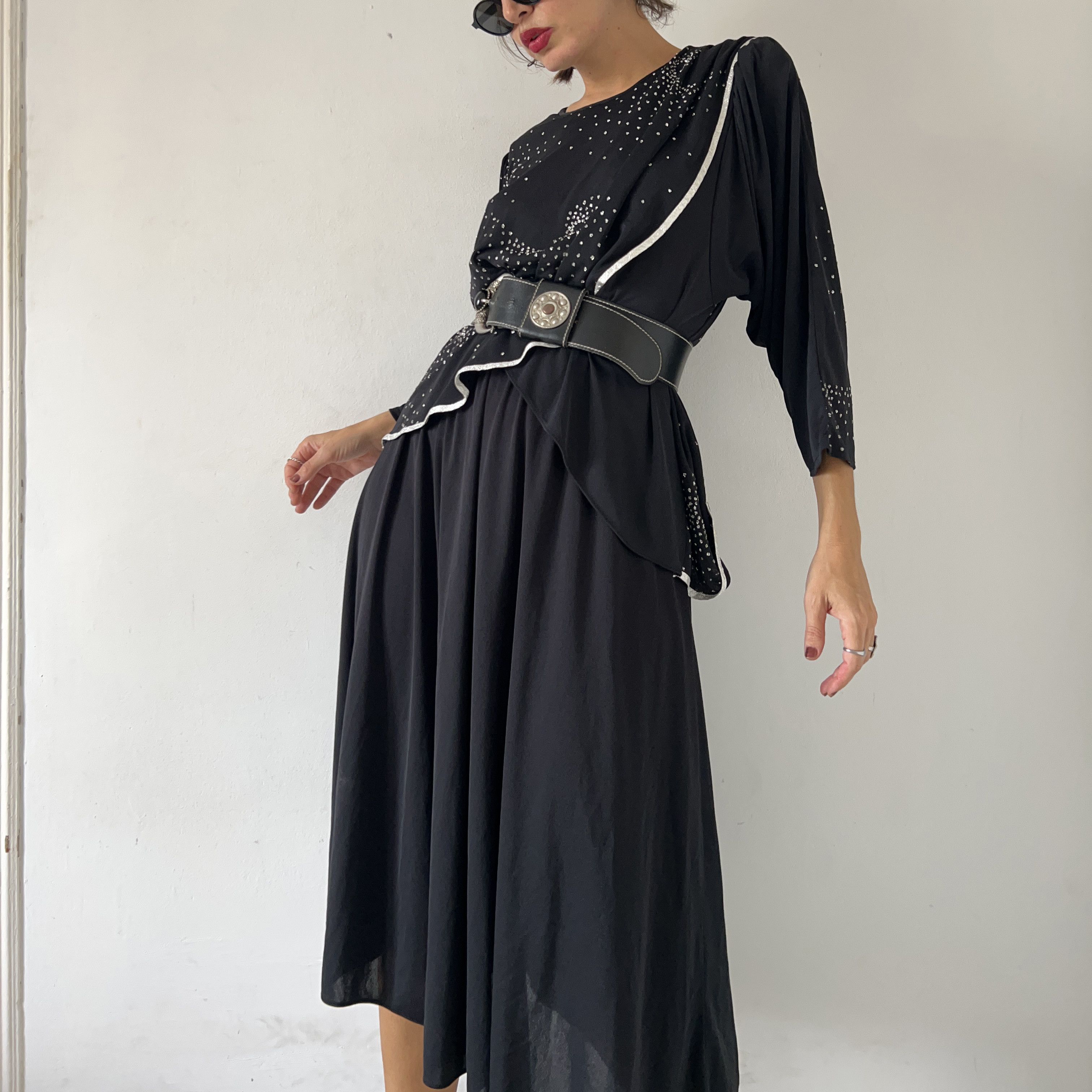 Vintage Vintage 80s Black Rhinestone Asymmetrical Midi Dress Size M / US 6-8 / IT 42-44 - 2 Thumbnail