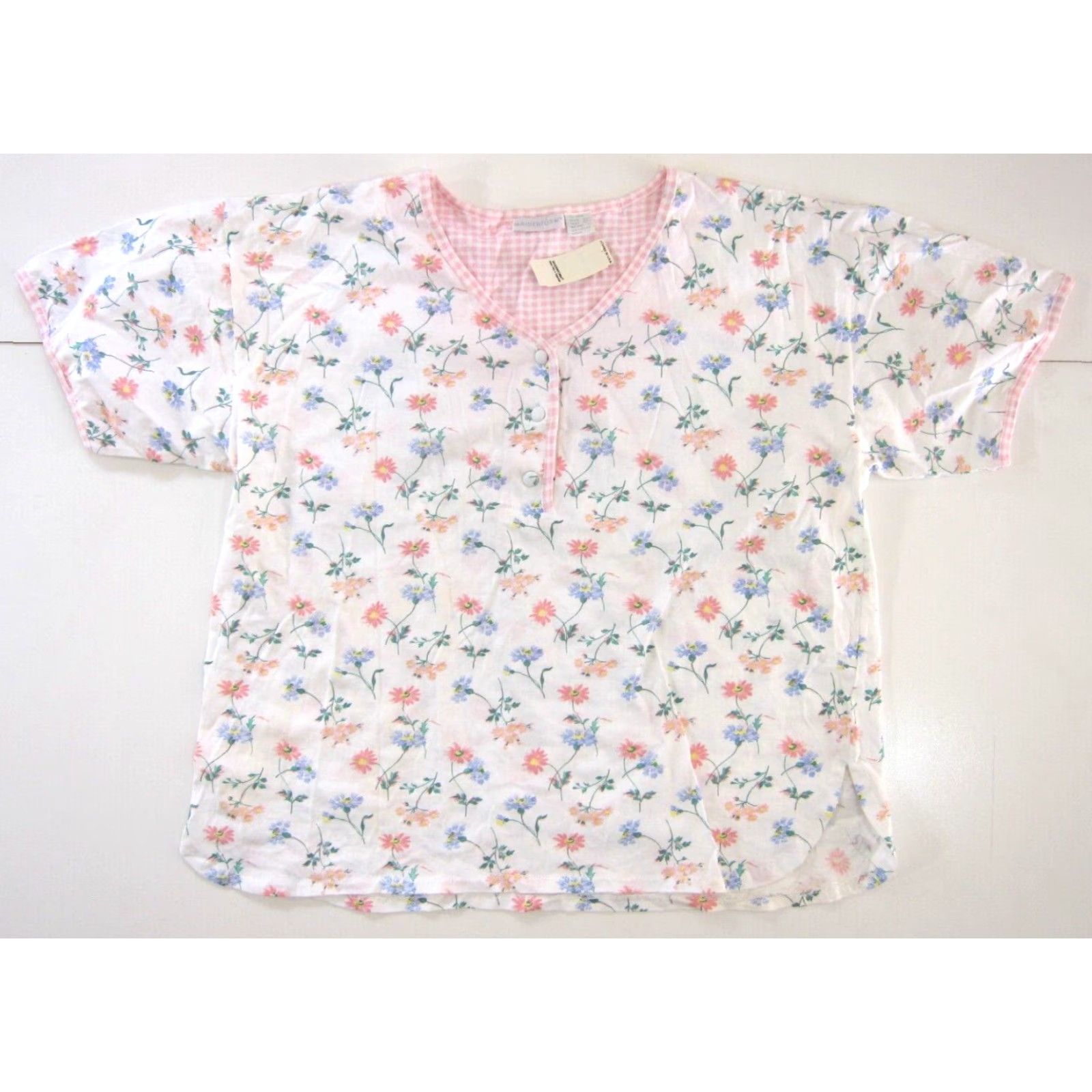Vintage NWT Maidenform Night Shirt Blouse Short Sleeve Pink Plaid Floral Cotton Large Women Size L / US 10 / IT 46 - 2 Thumbnail