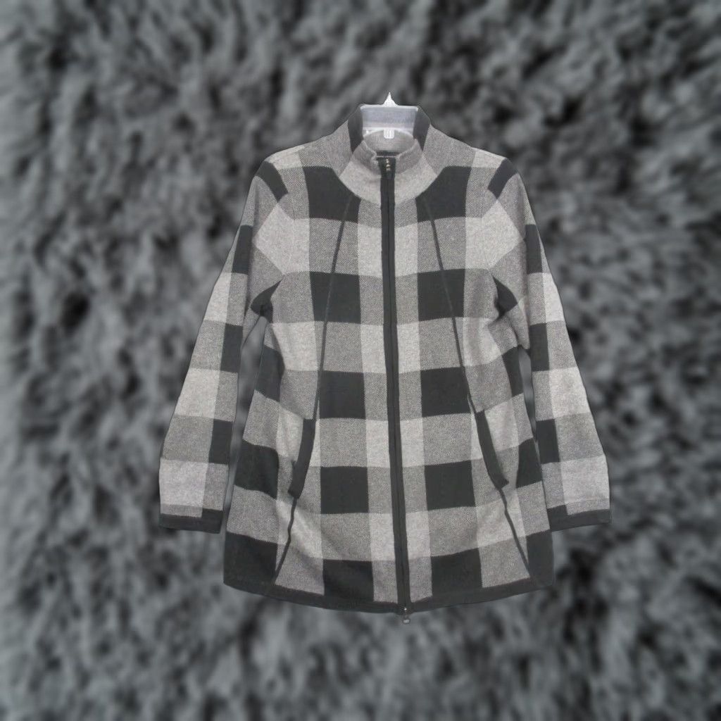 Vintage VINTAGE Adrienne Vittadini Sweater Womens Large Gray Plaid Full Zip Mock Neck Size L / US 10 / IT 46 - 1 Thumbnail