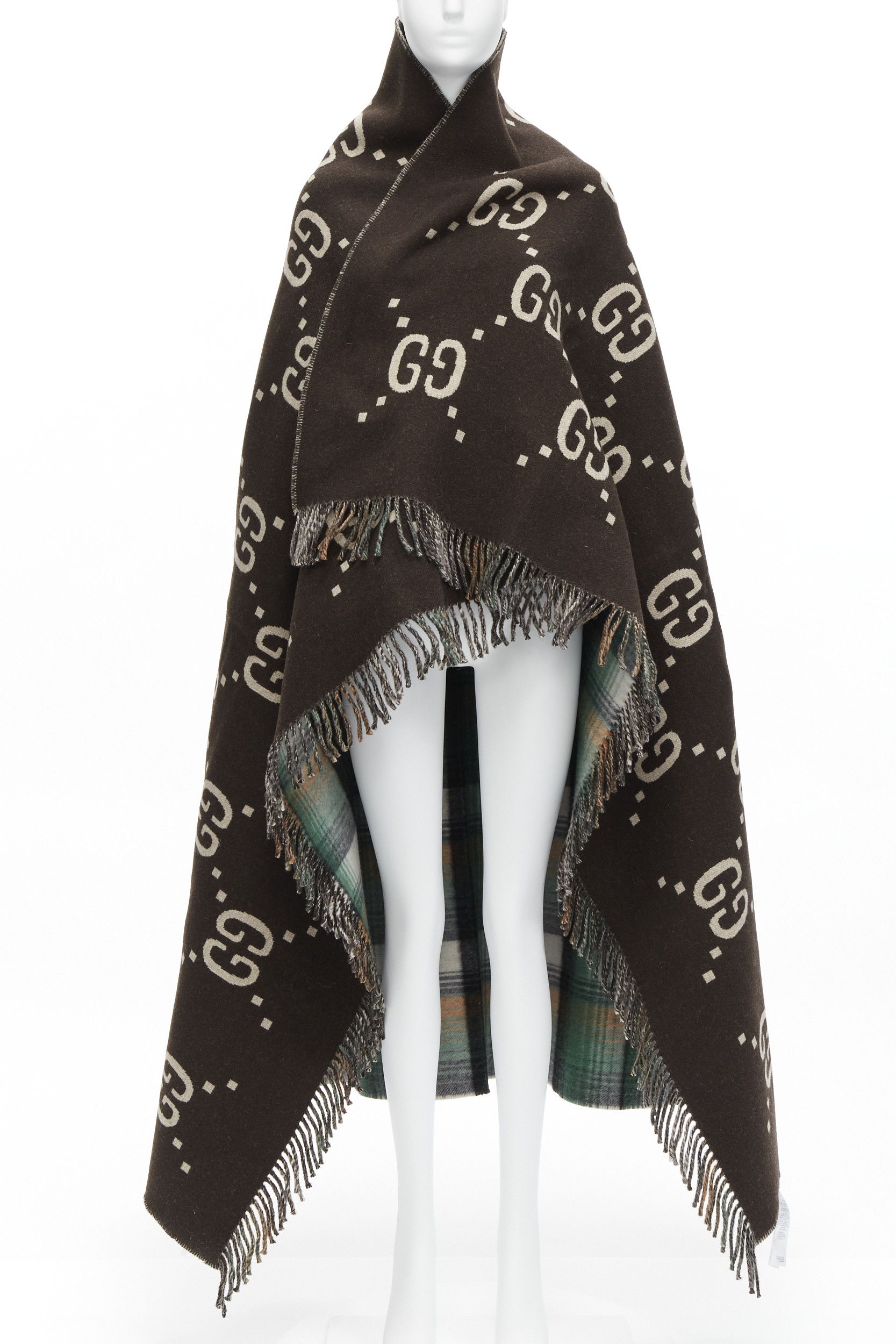 Gucci GUCCI 100% wool green red plaid tartan brown GG monogram blanket scarf Size ONE SIZE - 1 Thumbnail