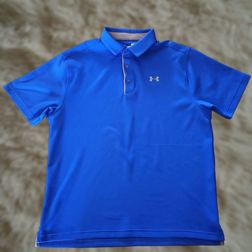 Under Armour VINTAGE? No. Under Armour Golf Polo Mens Large Blue HeatGear Loose Ribbed Performance Shirt Men L Blue Logo Sports Golf Tennis Walking Size US L / EU 52-54 / 3 - 1 Thumbnail