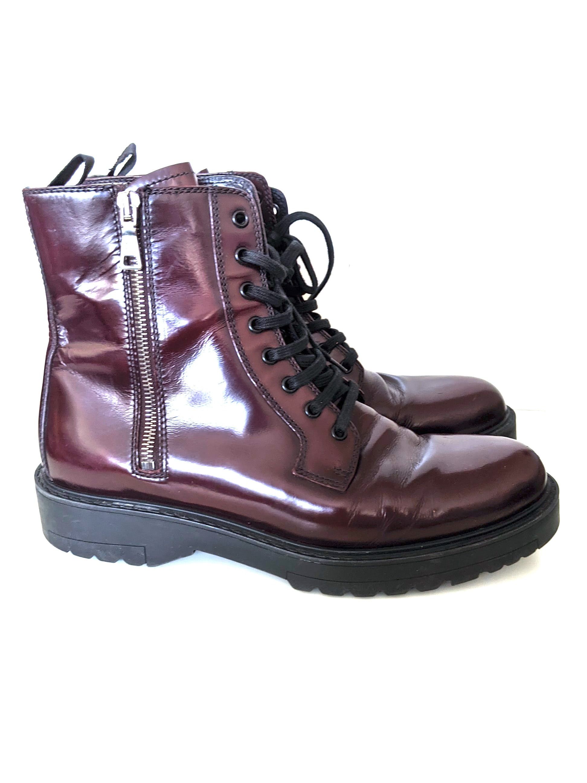 Prada PRADA lace up boots burgundy leather combat 40 Size US 10 / IT 40 - 2 Thumbnail