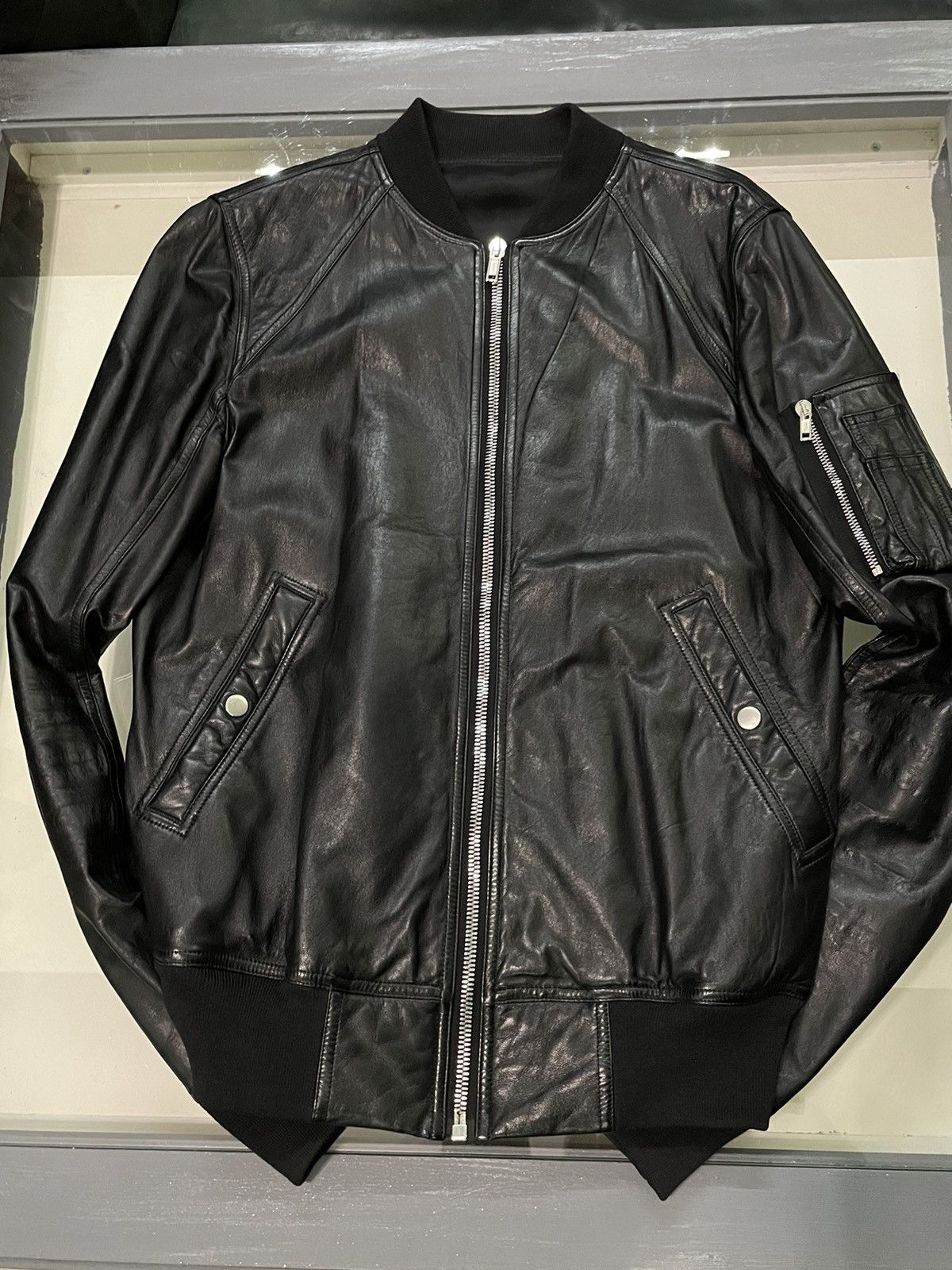 image of Rick Owens Leather Biker Pocket Detail Bomber Jacket in Black, Men's (Size Large)