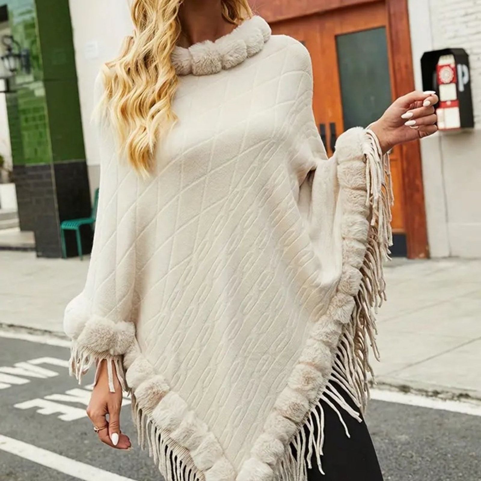 Other Elegant Faux Trim Fringe Poncho - Apricot - Size L (8/10) Size M / US 6-8 / IT 42-44 - 2 Thumbnail