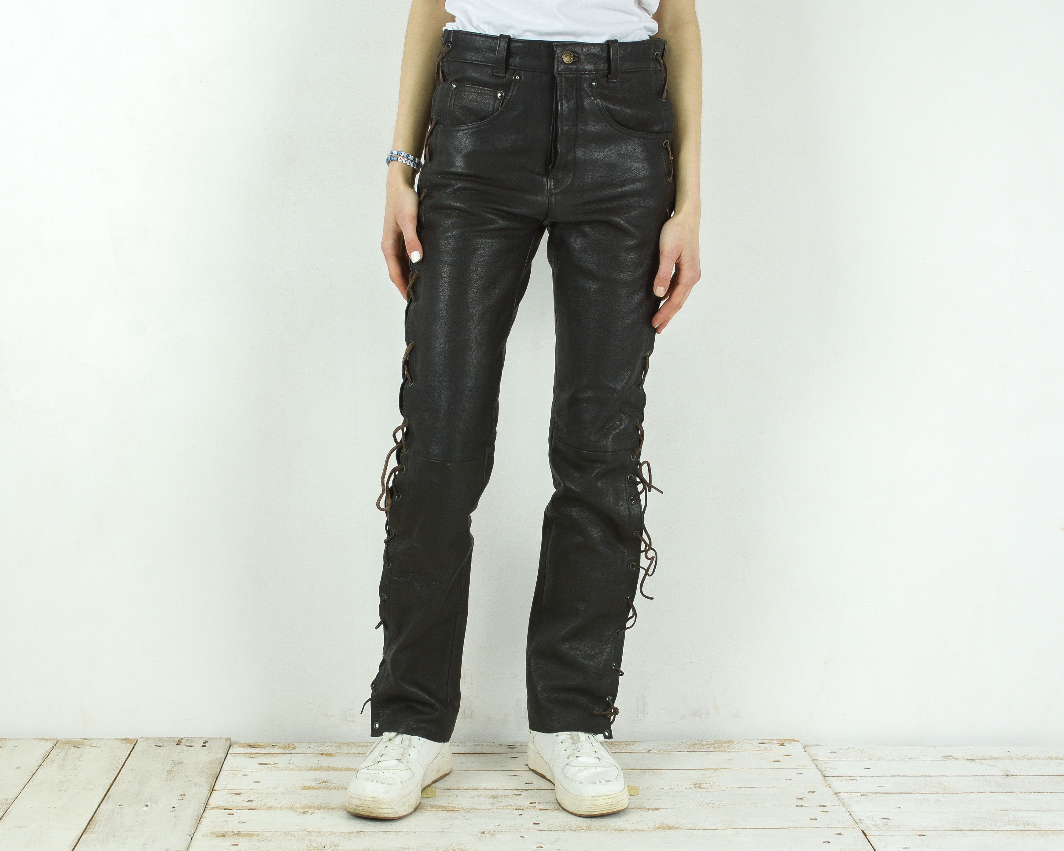 image of Genuine Leather x Leather Tapered Black Leather Pants Tapered Lace Up Trousers Biker, Women's (Size