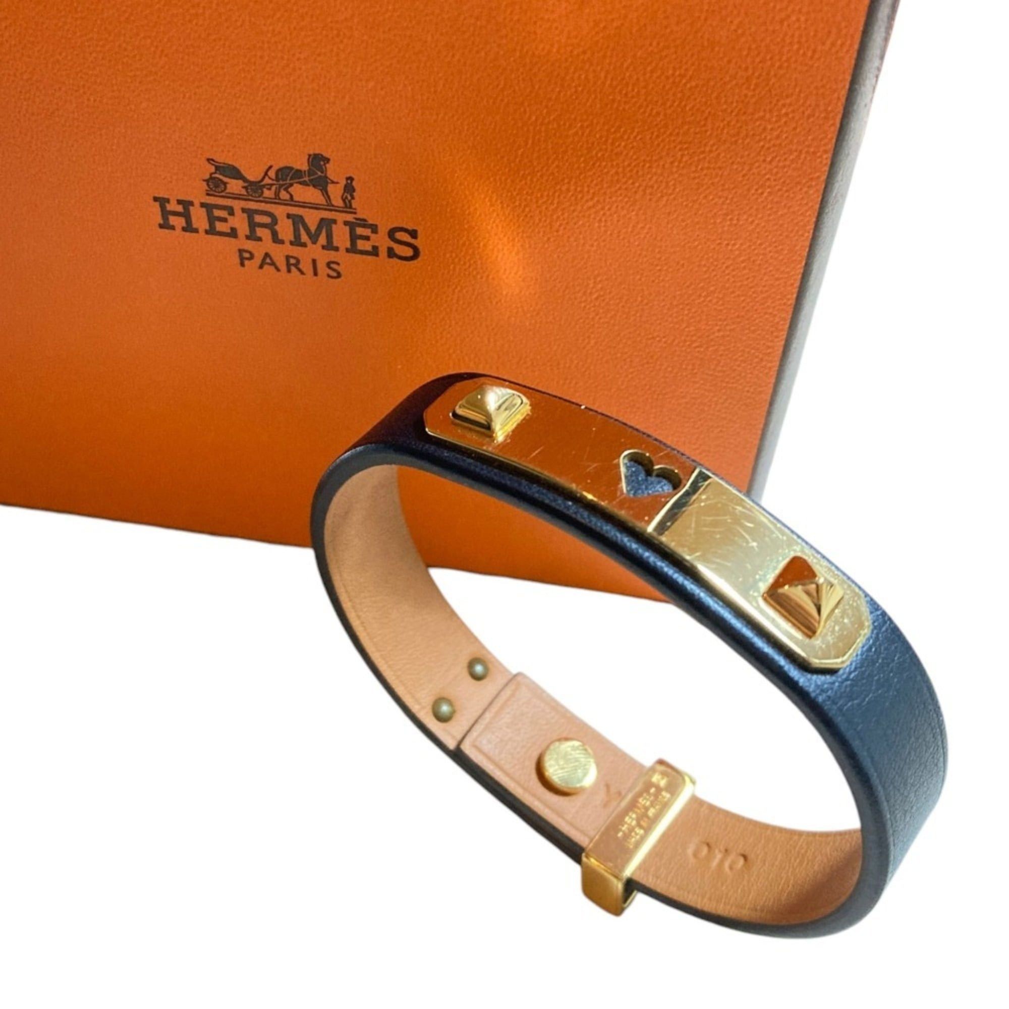 Hermes Hermes As de Coeur Heart Motif GP Leather Bracelet T2 Navy Gold Color Women's Size ONE SIZE - 1 Thumbnail