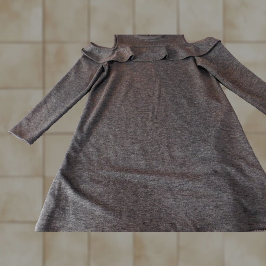 Ann Taylor LOFT Dress Medium Gray off the Shoulder A-Line Long Sleeve Knee Length Raglan