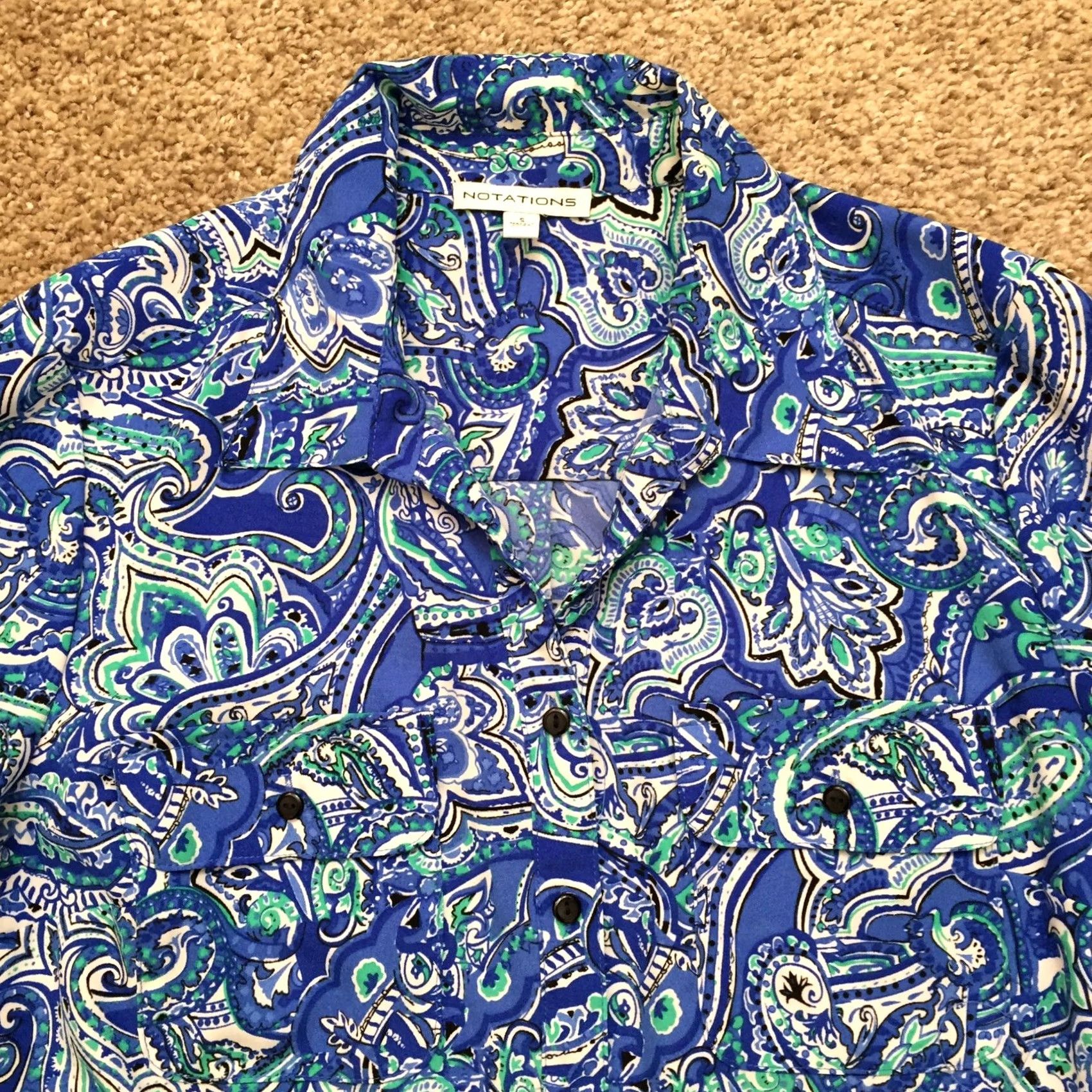 Vintage Notations Shirt Womens Small Blue Paisley Roll Tab Long Sleeve Button Up Size S / US 4 / IT 40 - 3 Thumbnail