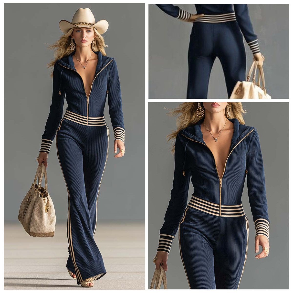 REVOLVE Oyrosy Fashion Hooded Zipper V-neck Blue Knit Jumpsuit NWT Size 26" / US 2 / IT 38 - 9 Thumbnail