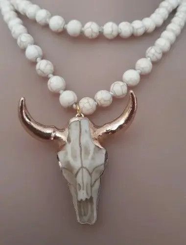 Jewelry White Bohemian Bull Head Pendant , Beads Necklace Size ONE SIZE - 1 Thumbnail