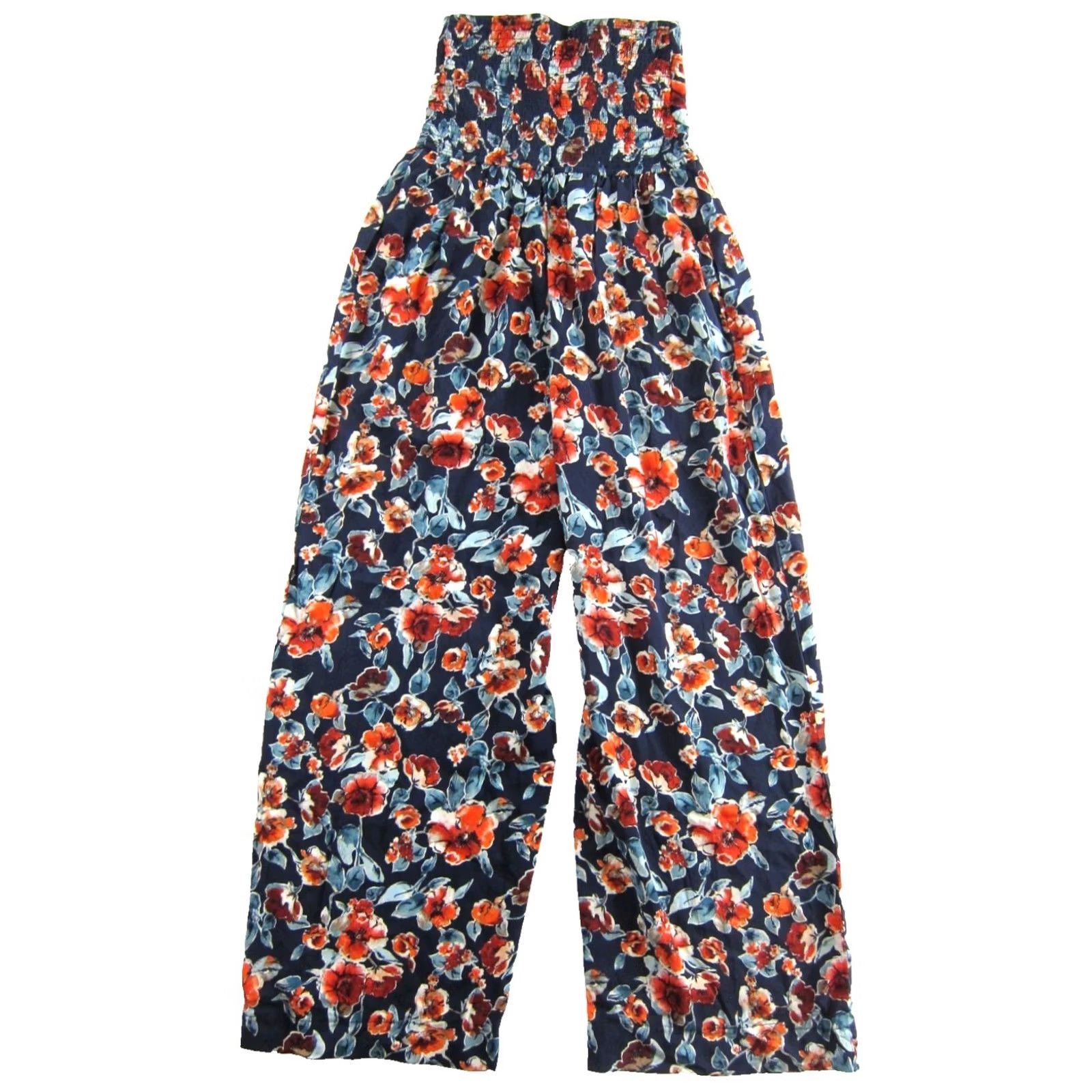 Vintage Band Of Gypsies Jumpsuit One-Piece Sleeveless Strapless Floral Rayon Blue Orange Pockets Wide-Leg S Women Size 28" / US 6 / IT 42 - 2 Thumbnail