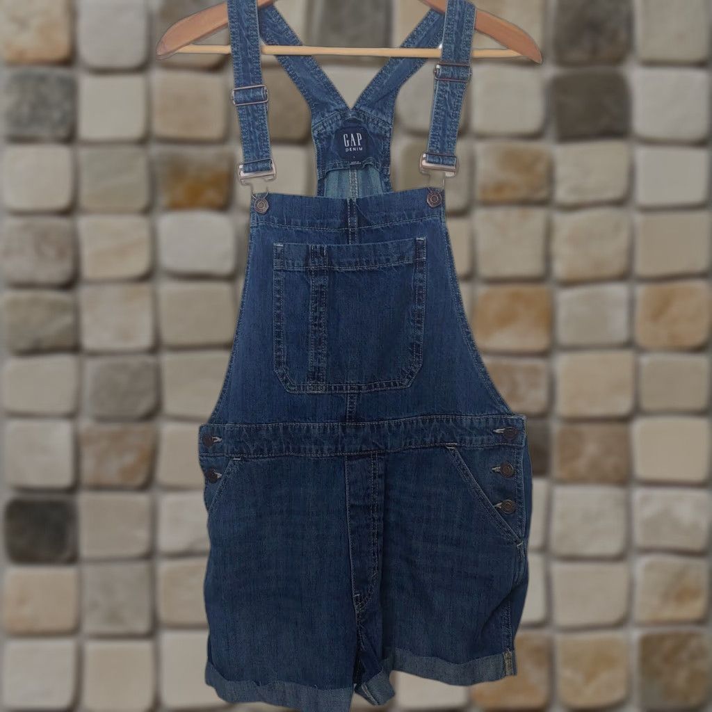 GAP Women's Large Blue Denim Shortalls Adjustable Casual Workwear - Main Image