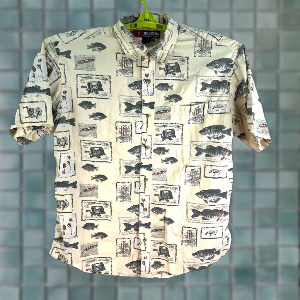 Vintage REEL LEGENDS Fish Camp Button-Up Shirt Men’s L Ivory Short Sleeve, Cotton Rayon Blend, Park/Travel, Pockets, Casual Wear, Fish Theme, 50" Chest, Mens Size US L / EU 52-54 / 3 - 1 Thumbnail