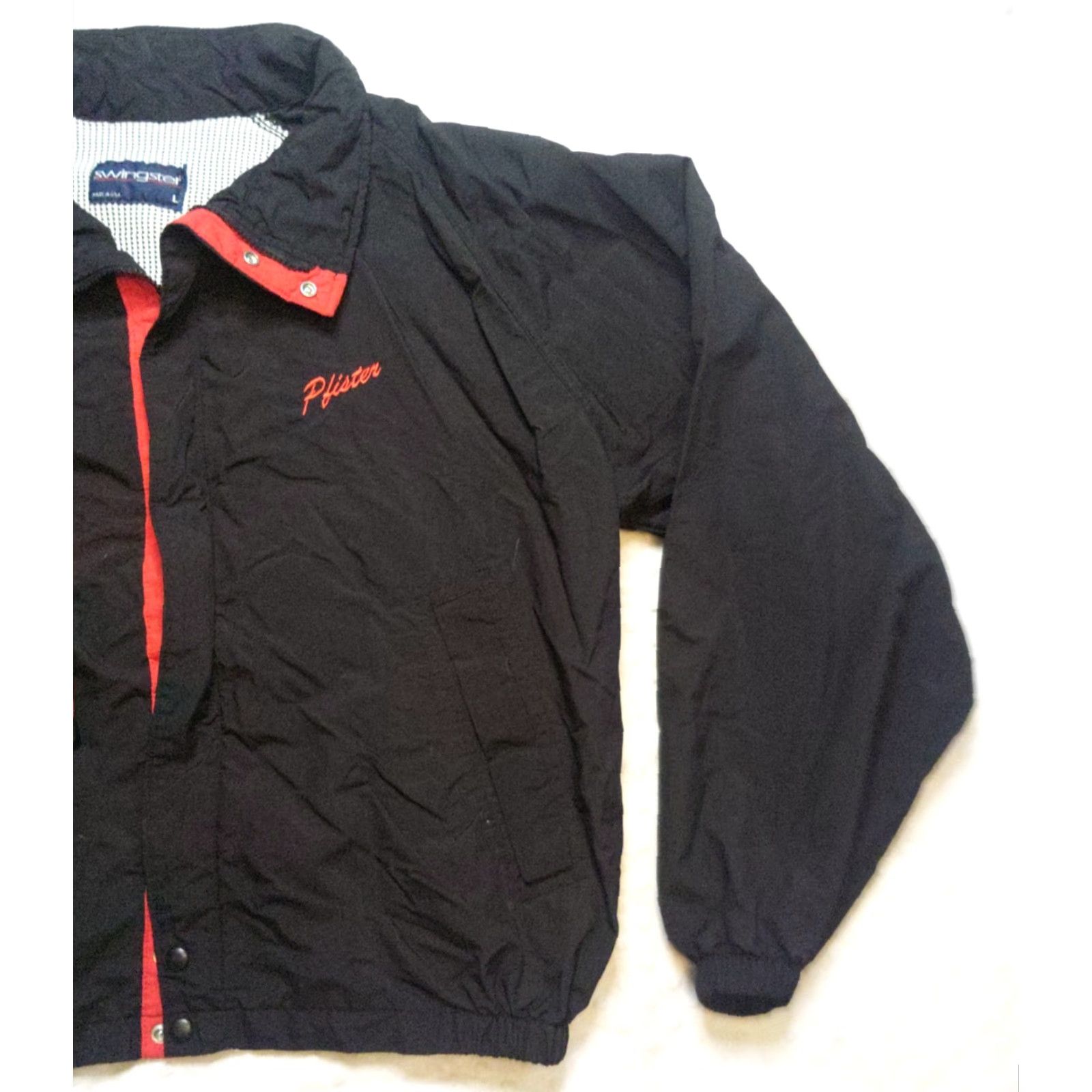 Vintage Swingster Jacket Mens L Black Red Trim Detail Full Zip Snaps Vintage 90’s USA Windbreaker Shirt? Size US L / EU 52-54 / 3 - 2 Thumbnail