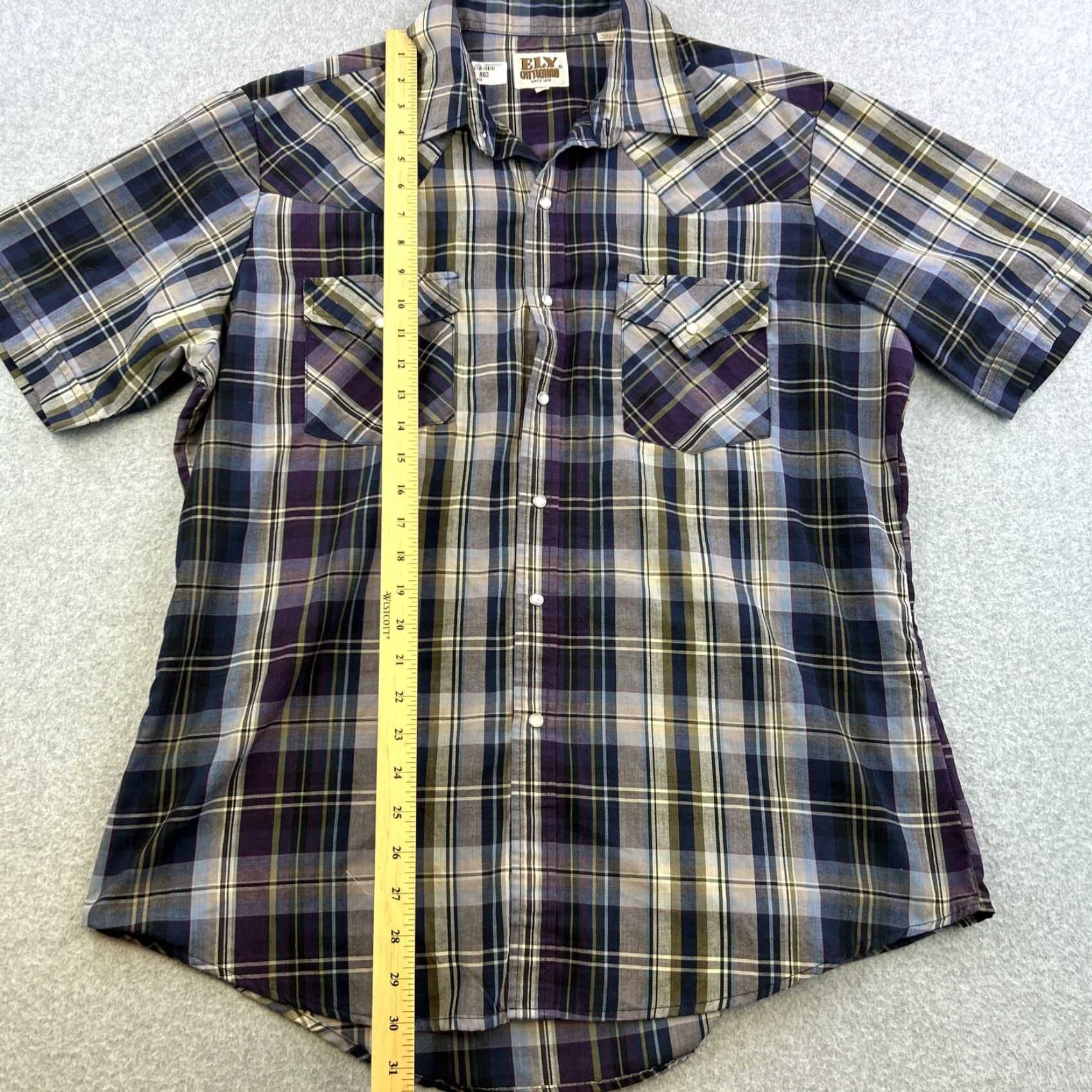 Vintage VINTAGE Ely Cattleman Shirt Mens L Blue Purple Plaid Short Sleeve Pearl Snap Adult Size US L / EU 52-54 / 3 - 3 Thumbnail
