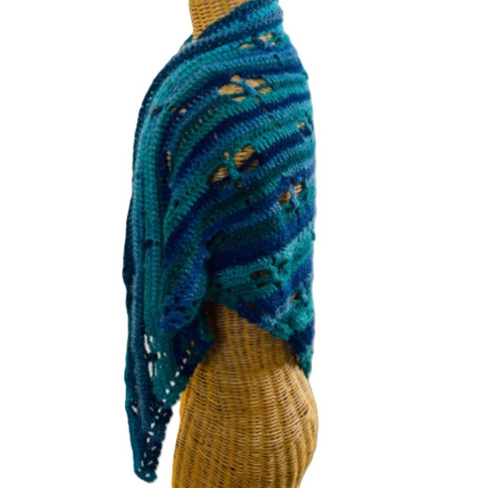 Handmade Crochet Shawl Cowl Wrap Dragonfly Cut Outs Blue Green 68" x Size ONE SIZE - 6 Thumbnail