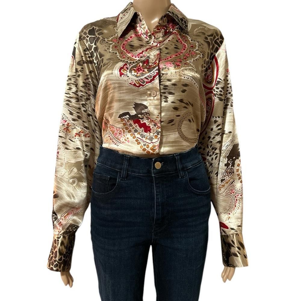 Designer Elegant Silk-Blend Printed Blouse with Detailed Patterns Size XL / US 12-14 / IT 48-50 - 1 Thumbnail