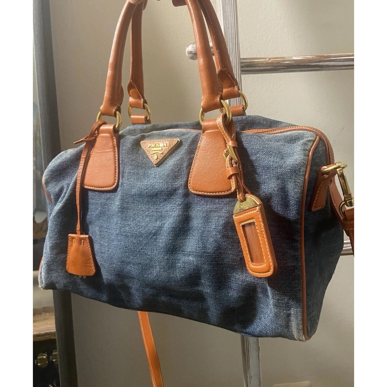 Prada Prada Bauletto blue denim orange saffiano 2way handbag, good Size ONE SIZE - 1 Thumbnail