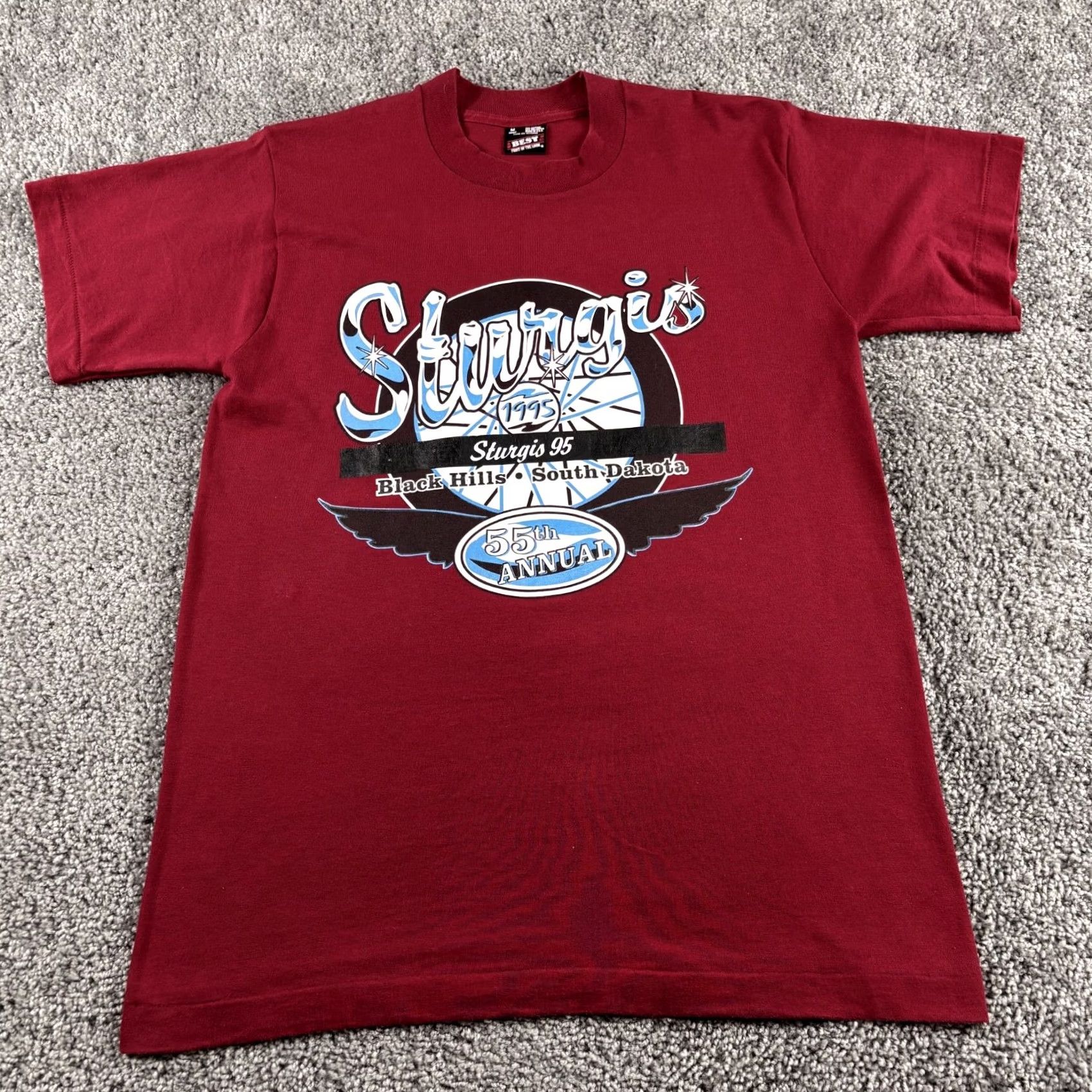 Fruit Of The Loom VINTAGE Fruit of the Loom T-Shirt Mens M Maroon Red 1995 55th Annual Sturgis Motorcycle Rally NOS USA Size US M / EU 48-50 / 2 - 2 Thumbnail