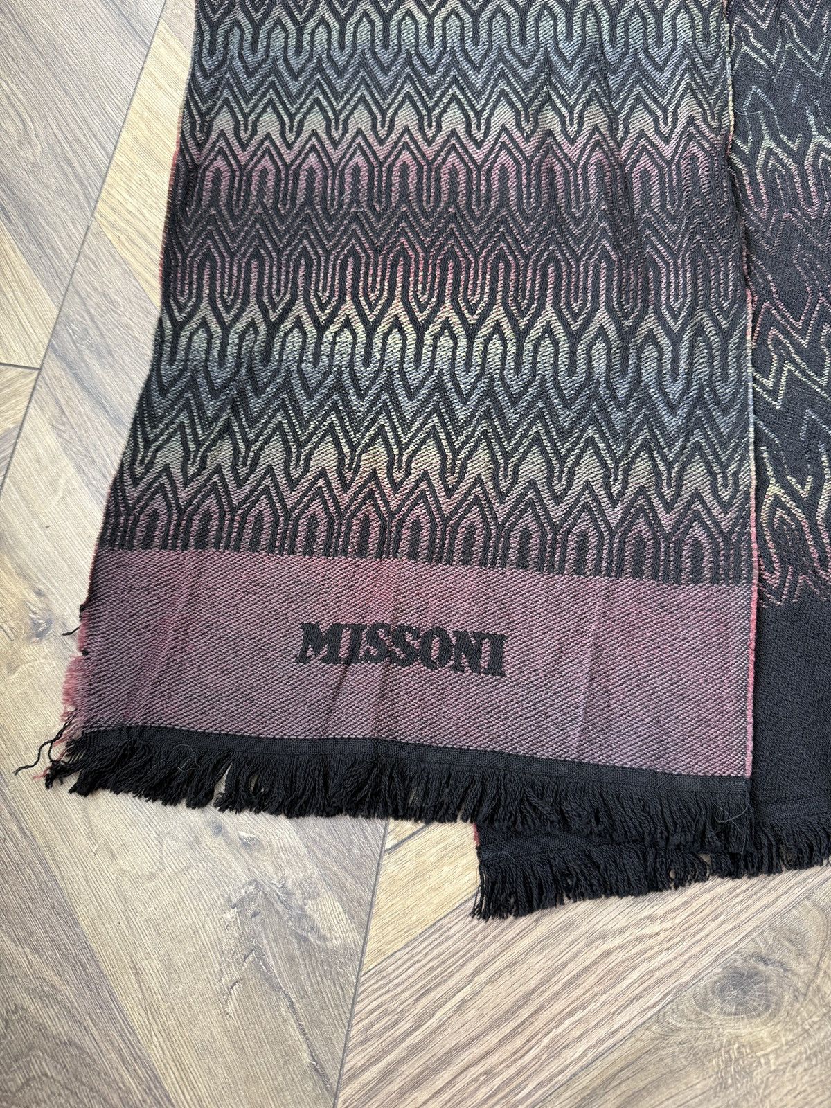 Vintage Missoni Wool Scarf Black Multicolor Geometric