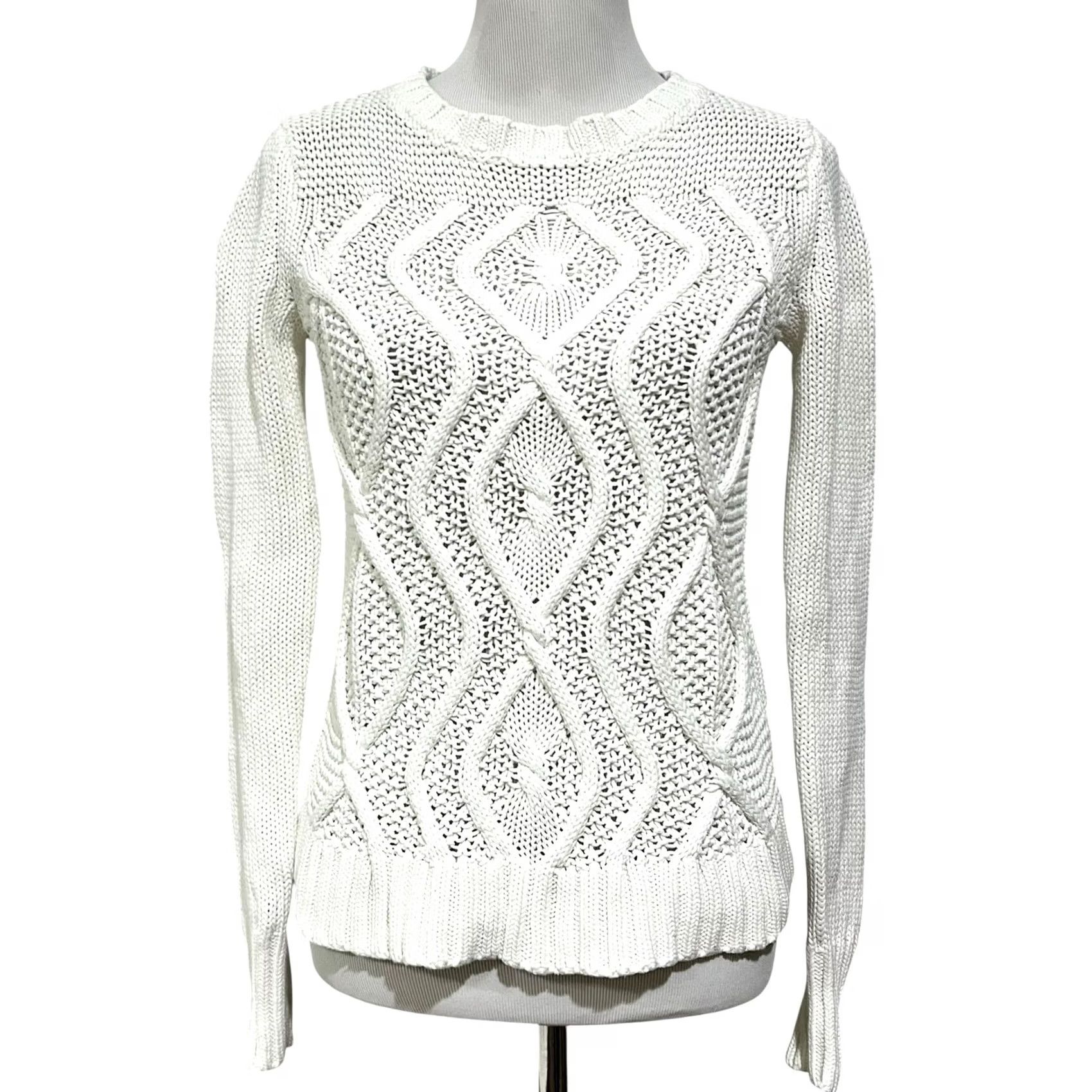 Lands' End Lands' End Drifter Cable Knit Sweater XS White Cotton Crew Neck Pullover Women Knit Split-Sleeve Casual Vintage? Size XS / US 0-2 / IT 36-38 - 2 Thumbnail