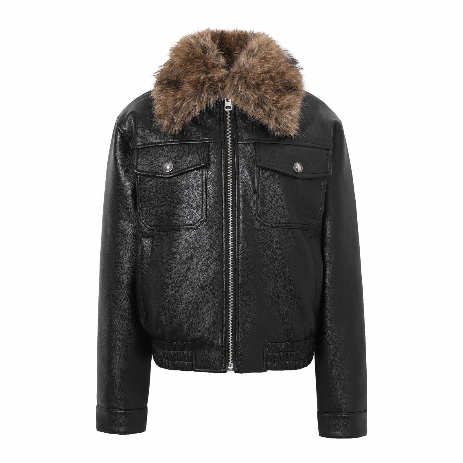 Leather Black Faux Leather Bomber Jacket with Fur Collar Size US L / EU 52-54 / 3 - 1 Thumbnail