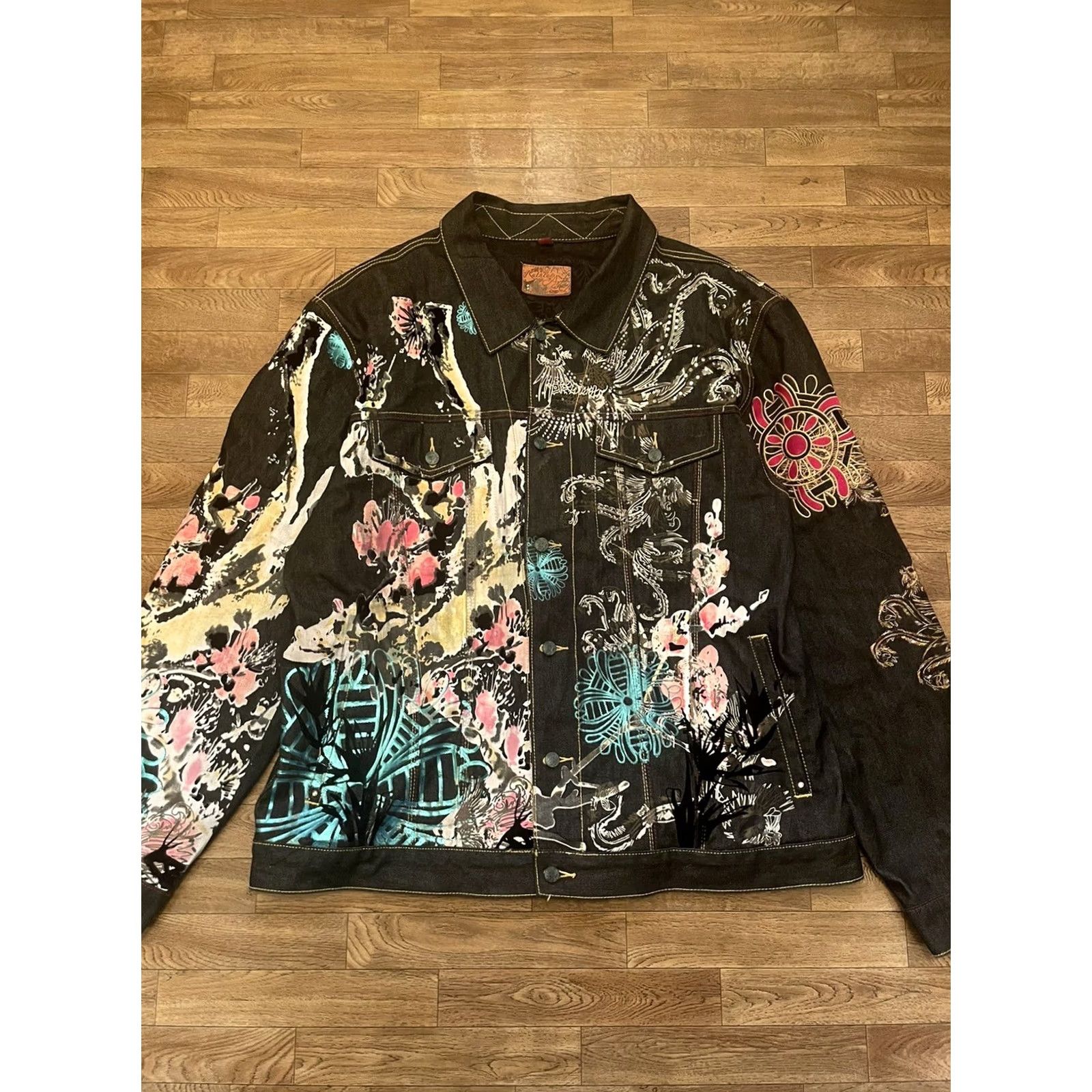 Denime VINTAGE Ruthless Art Denim Jacket Mens 4XL Black Art PrintButton Up Long Sleeve Jacket Size US XXL / EU 58 / 5 - 2 Thumbnail