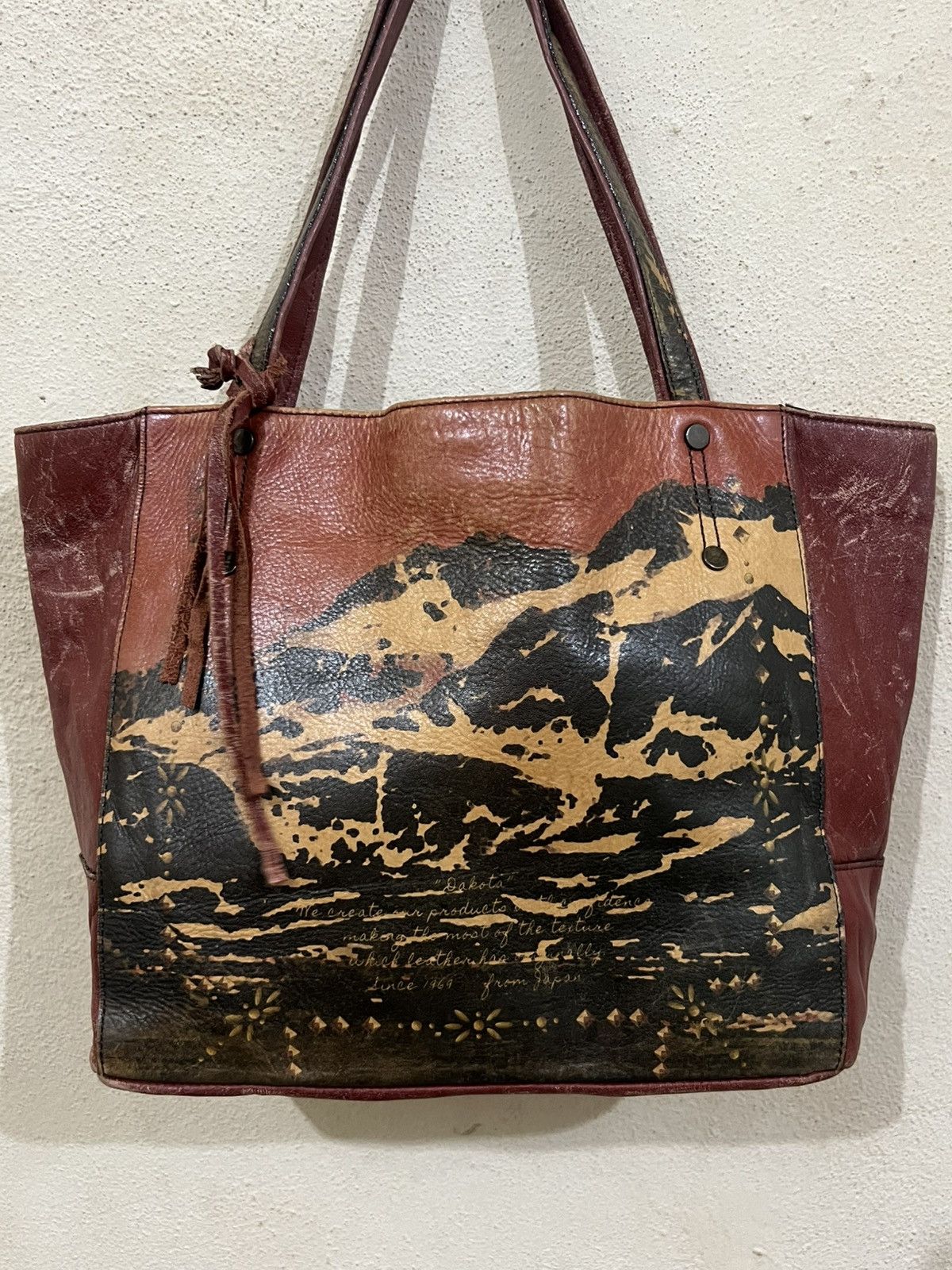 Dakota Unique Mountain Landscape Art Patina Leather Tote Bag