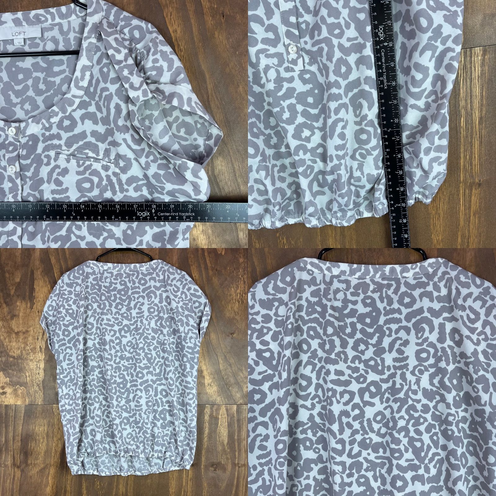Loft LOFT Ann Taylor Womens Blouse Animal Print Henley Elastic Hem Large Gray Beige Cap Sleeve Shirt Womens L 100% Polyester Casual Workwear Formal Size L / US 10 / IT 46 - 8 Thumbnail