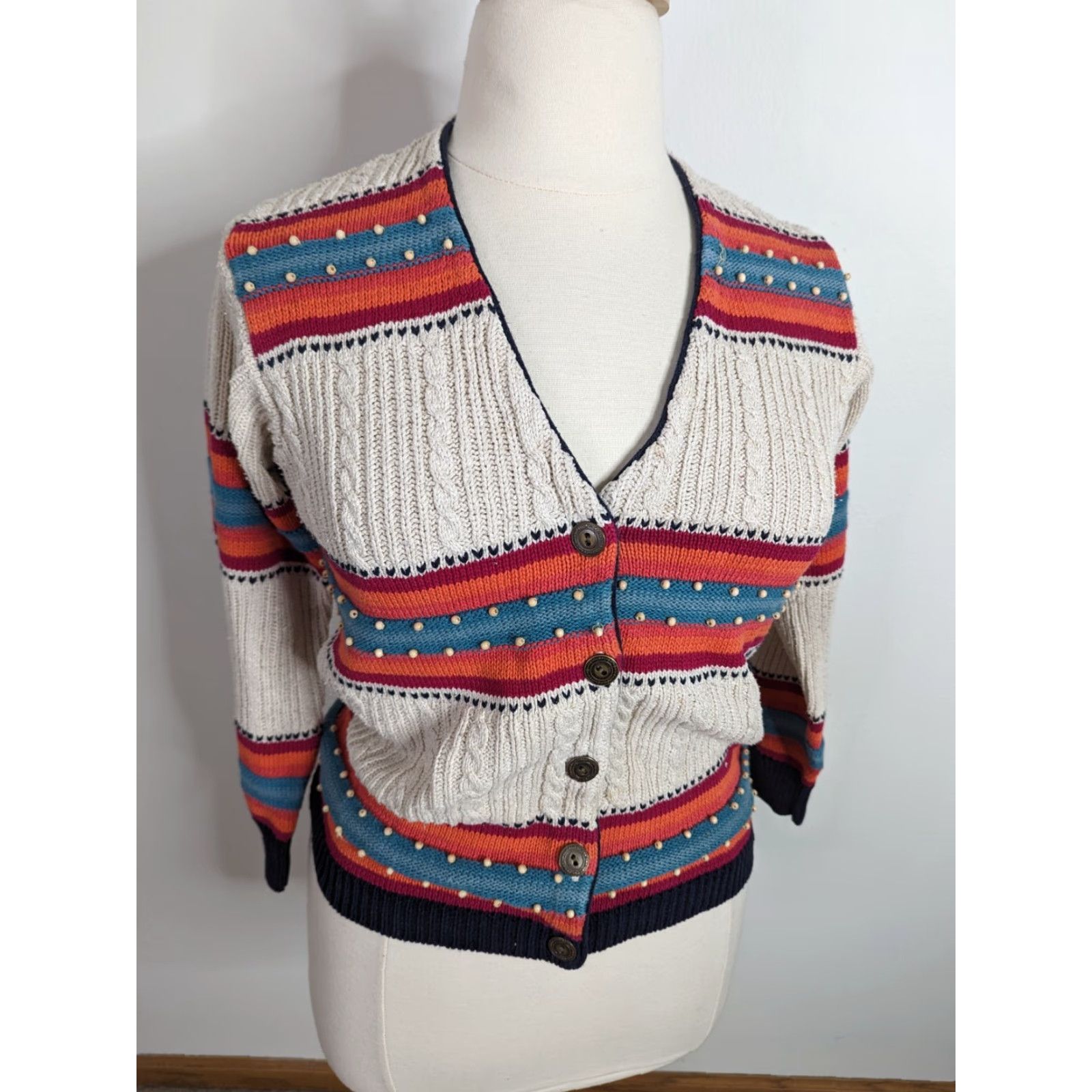 Vintage **Vintage Y2K Striped Women's Cable Knit Wool Cardigan Petite Large PL** User: Vintage Y2K Striped Women's Cable Knit Wool Cardigan Petite Large PL Size L / US 10 / IT 46 - 2 Thumbnail