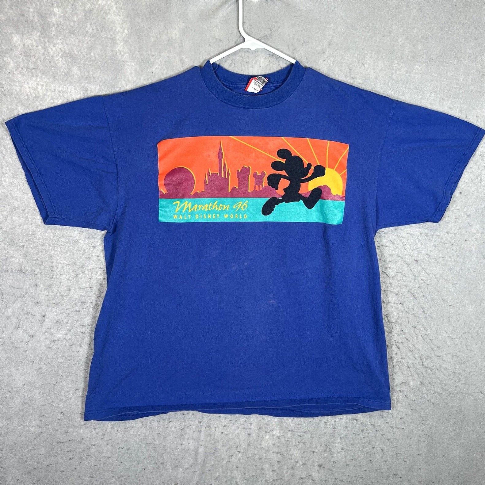 Image of A1 Vintage Walt Disney World 1996 Marathon T Shirt Adult Fits XL Blue Usa Mens in White